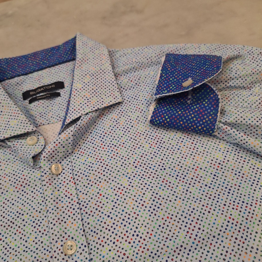 Bugatchi Colorful Flip Cuff Button Down Shirt XXL Dots Blue Classic Fit Stretch